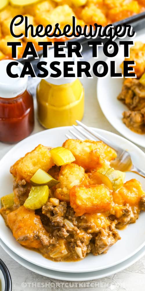 This cheeseburger tater tot casserole is the ultimate comfort food mashup, featuring savory ground beef, sautéed onions, creamy cheddar soup, tangy mustard and barbecue sauce, and gooey melted cheddar, all topped with golden tater tots that crisp in the oven. Every bite tastes like a cheeseburger in a cozy casserole, perfect for family dinners, game day, or anytime you need cheesy, hearty happiness. #theshortcutkitchen A serving of cheeseburger tater tot casserole with a title