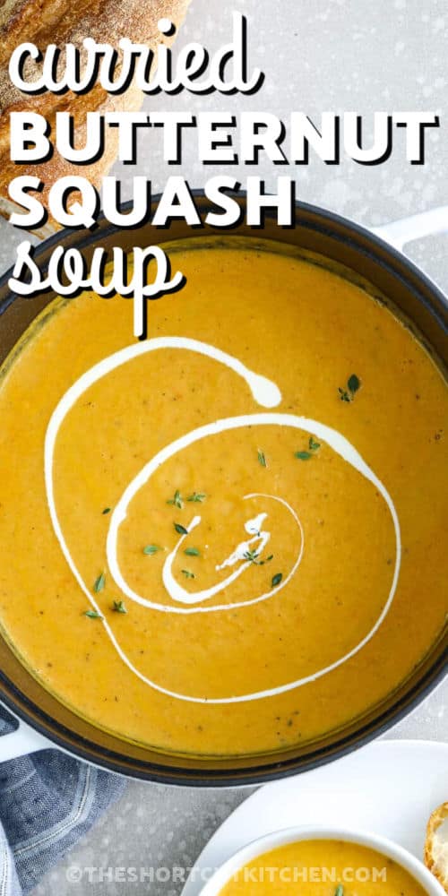 Curried Butternut Squash Soup in a pot with writing