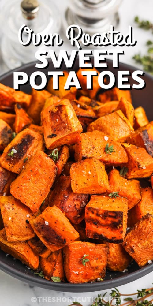 a bowl of crispy roasted sweet potatoes with a title