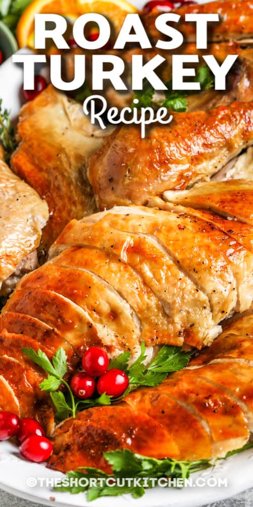 roast turkey on a plate with text