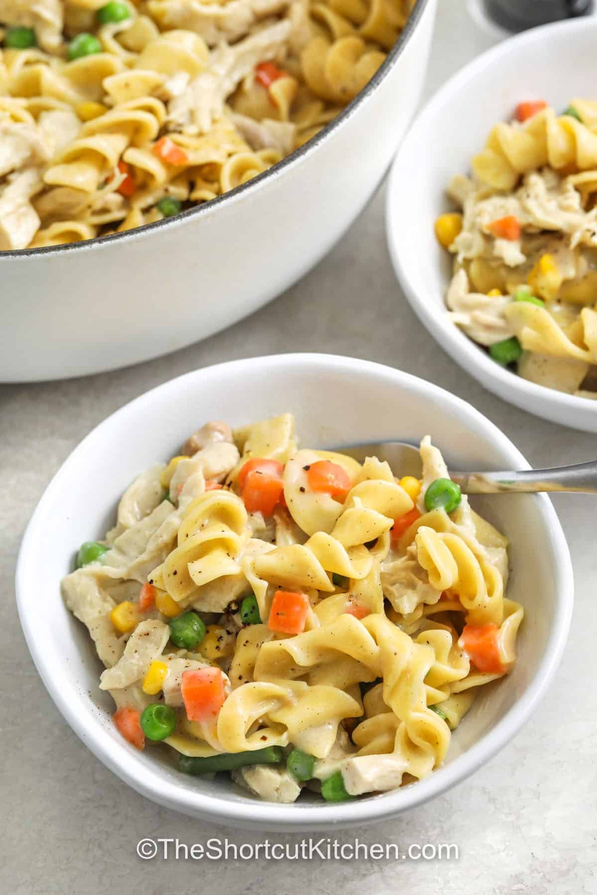 plated Chicken Pot Pie Pasta with pot full in the back