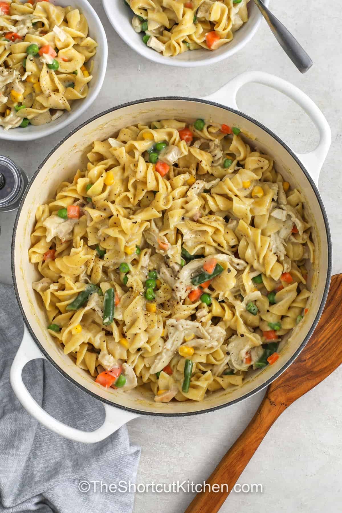 top view of Chicken Pot Pie Pasta in a pot