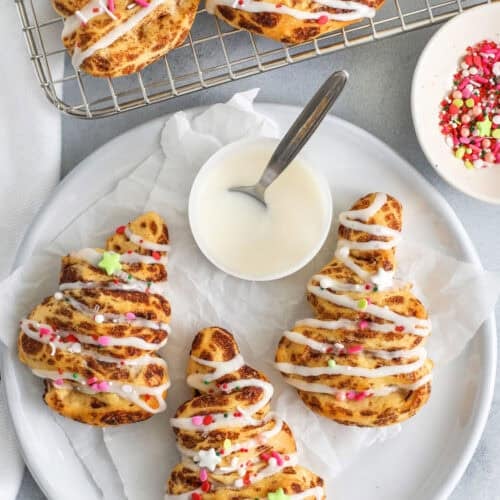 plated Cinnamon Roll Christmas Tree with icing