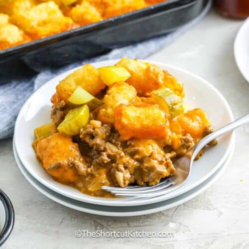 A serving of cheeseburger tater tot casserole on a plate