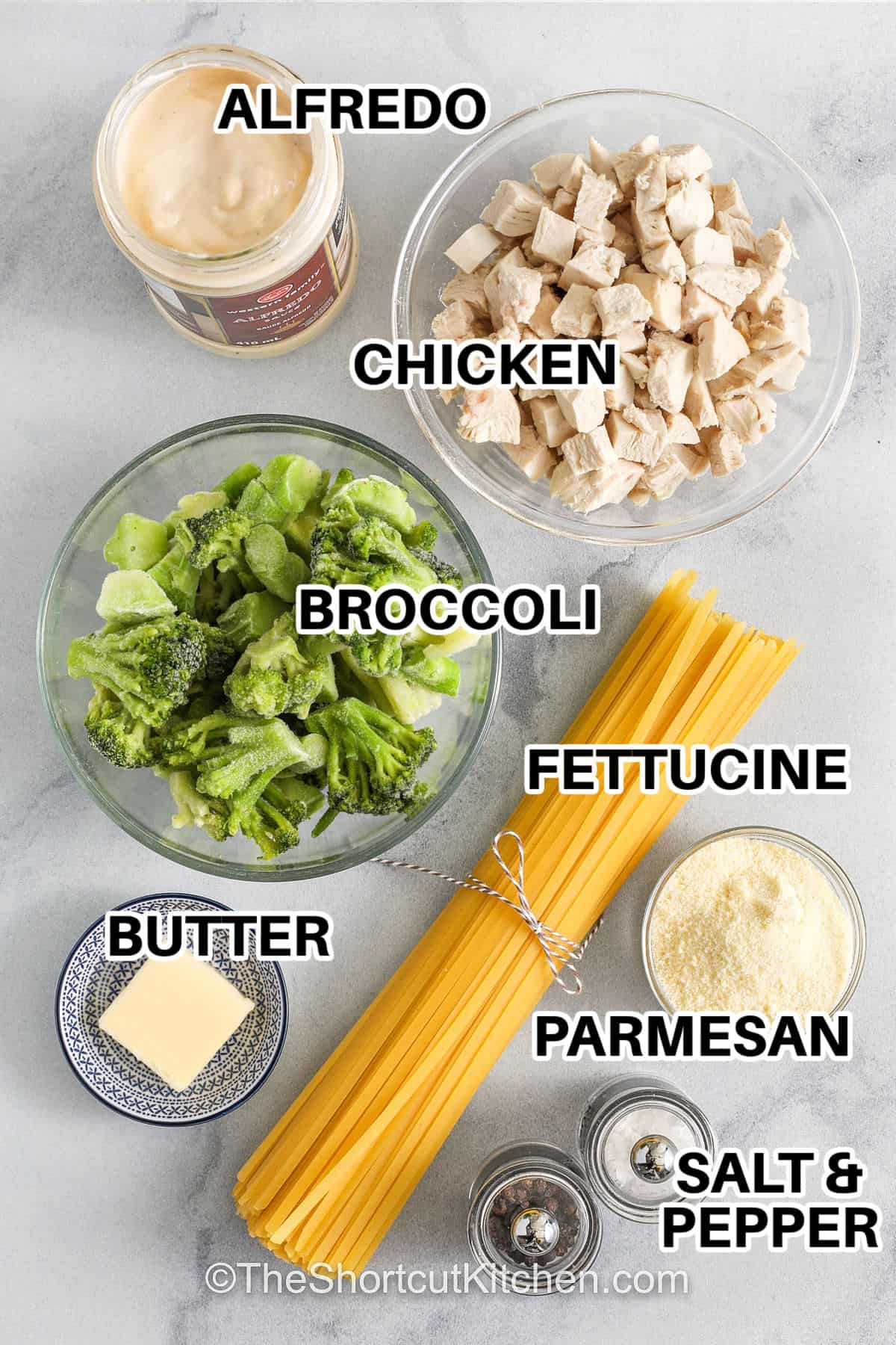 Chicken Alfredo with broccoli is the perfect balance of creamy indulgence and wholesome ingredients. The fettuccine noodles soak up every bit of cheesy Alfredo sauce, while juicy chicken adds protein and fresh broccoli provides a slightly crisp texture and bright color. This dish is simple to make, flavorful, and ideal for serving a family a comforting, restaurant-quality dinner at home. #theshortcutkitchen alfredo , chicken , broccoli , fettuccine , butter , parmesan , salt and pepper with labels to make Chicken Alfredo with Broccoli