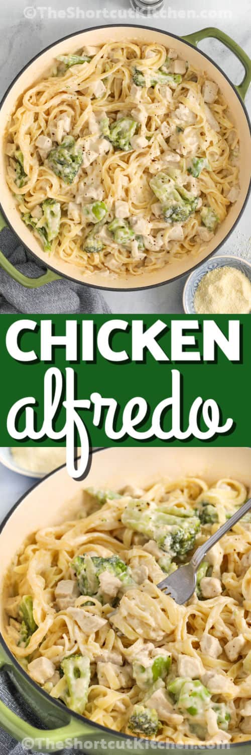 Chicken Alfredo with broccoli combines creamy, cheesy sauce, tender pasta, and perfectly cooked chicken with crisp, vibrant broccoli. It is a flavorful dinner that’s simple to prepare. This recipe is ideal for busy weeknights, busy parents, or anyone craving comfort food without the fuss. It’s indulgent, satisfying, and so delicious that it’s sure to become a staple in your family’s dinner rotation. #theshortcutkitchen Chicken Alfredo with Broccoli in a pot and close up photo twirled on a fork with a title