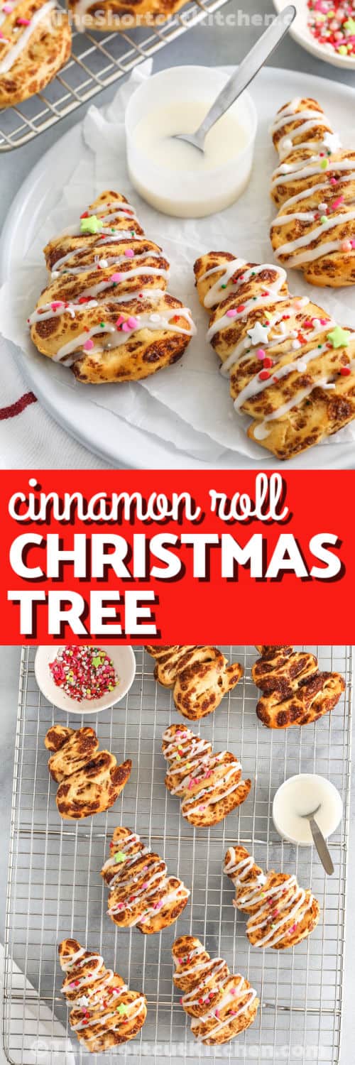 Cinnamon roll Christmas tree creations are a delightful way to celebrate the season with family. Each tree-shaped roll is tender, buttery, and filled with warm cinnamon-sugar goodness, then topped with icing and festive sprinkles. Quick to bake and fun to decorate, they make a cheerful centerpiece for your breakfast or brunch table while keeping the holiday spirit sweet and simple. #theshortcutkitchen Cinnamon Roll Christmas Tree on a cooling rack and plated with a title