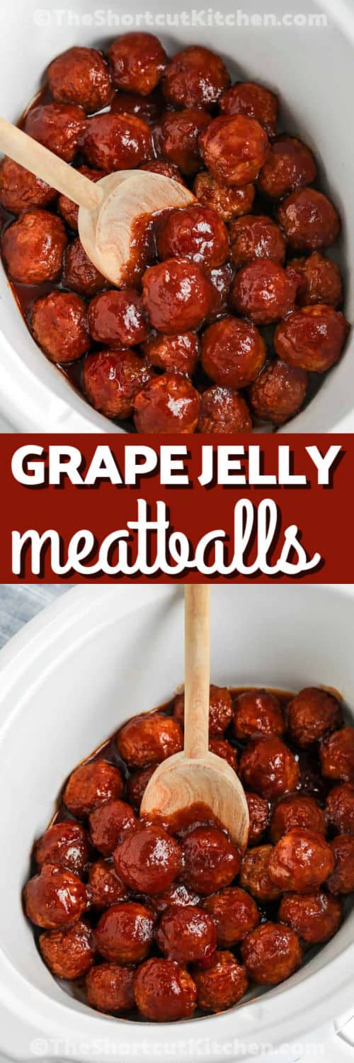 Crockpot grape jelly meatballs are a simple three-ingredient recipe that tastes surprisingly rich. As the meatballs gently cook, the sauce thickens into a glossy coating that delivers the perfect mix of sweet and savory. Great for crowds, they stay warm in the slow cooker and make hosting effortless, whether for game day, holidays, or casual gatherings. #theshortcutkitchen Crockpot Grape Jelly Meatballs in the crock pot with a wooden spoon and a title