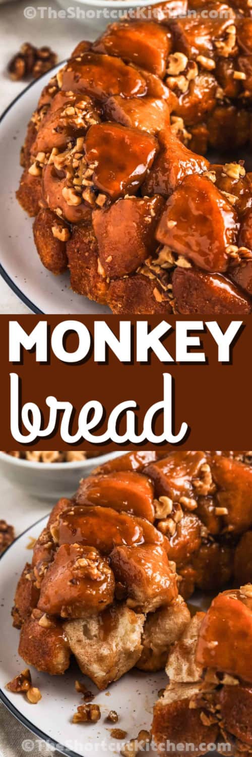 Easy monkey bread creates a buttery and sticky pull apart loaf with sweet cinnamon sugar on every piece, giving it a gooey caramel taste that makes it great for breakfast or brunch. The recipe is no fuss and works well for holiday mornings or relaxed family days. Each section lifts easily from the pan and fills the kitchen with a welcoming aroma that brings everyone together for a warm treat. #theshortcutkitchen Easy Monkey Bread on a plate and close up photo with a title