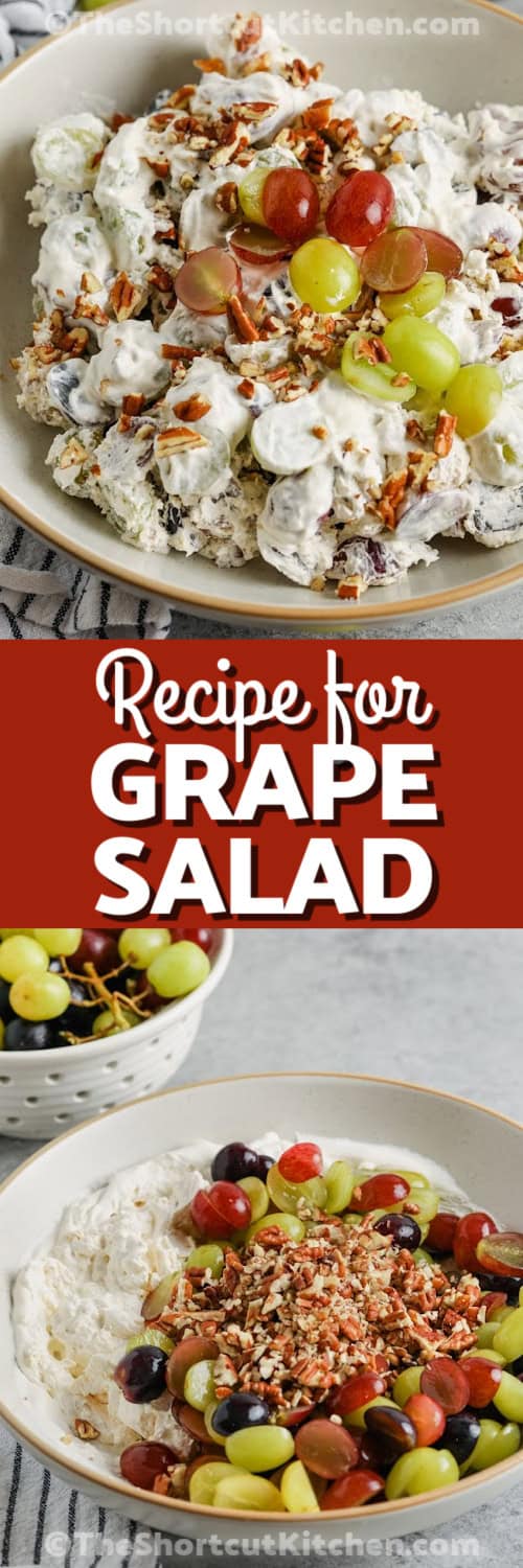 This recipe for grape salad is a no-bake favorite made with softened cream cheese, tangy sour cream, sweet brown sugar, and fresh grapes. It's a creamy, crunchy, and sweet treat topped with pecans, great as a dessert or side dish. Perfect for holidays or everyday snacking. Just chill for two hours after mixing for best flavor. Easy to prepare, with wholesome, simple ingredients. #theshortcutkitchen unmixed grape salad ingredients in a bowl and grape salad in a bowl with a title