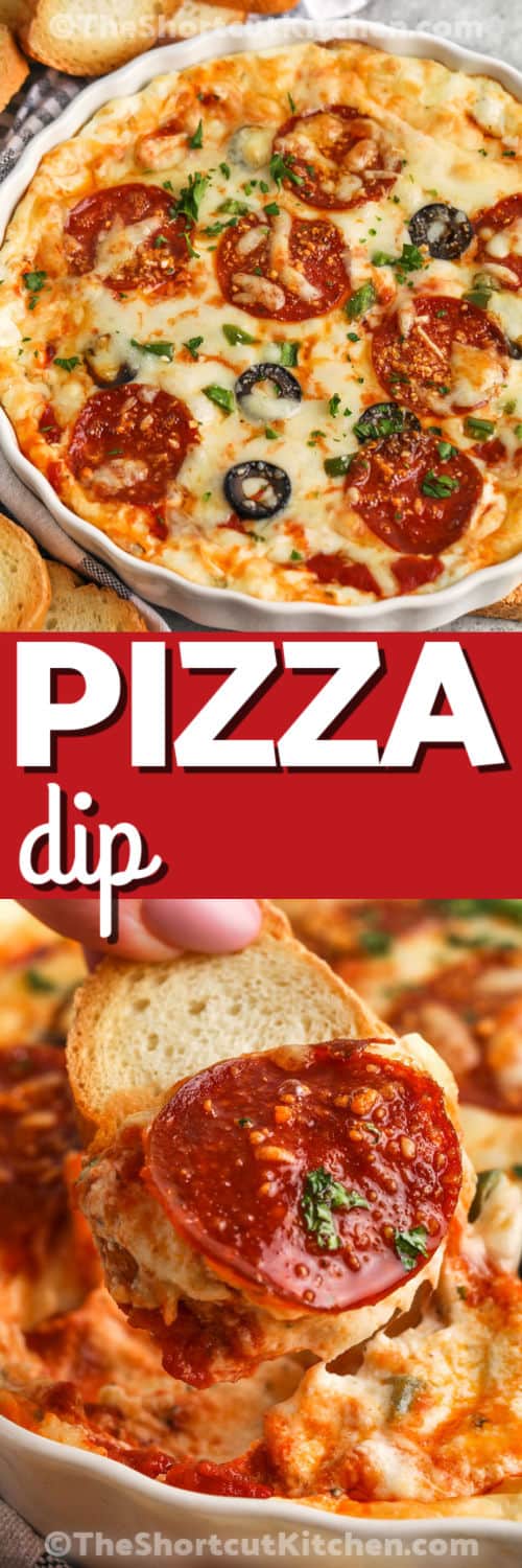 This pizza dip recipe has everything you love in one hot and creamy bite. It’s packed with melted cheese, zesty sauce, garlic, and pepperoni for that perfect pizza flavor. It’s simple to make and always a crowd pleaser. Serve it with crusty bread, crackers, or veggies for a snack that’s just as good as a slice of pizza but even easier to share. #theshortcutkitchen Pizza Dip Recipe in the dish and on a piece of bread with a title