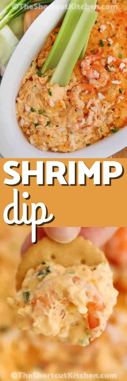 This rich and cheesy shrimp dip features a creamy base of cream cheese and cheddar combined with flavorful shrimp for a warm seafood appetizer. It’s ideal for parties, potlucks, and festive gatherings. It mixes quickly and bakes into a golden, bubbly dish. Serve it with chips or crunchy vegetables for a delicious scoopable snack your guests will enjoy. #theshortcutkitchen shrimp dip with celery and shrimp dip scooped onto a cracker