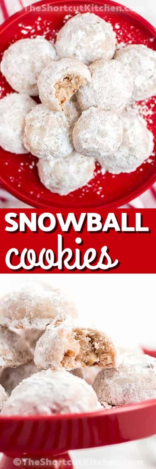This snowball cookies recipe transforms basic ingredients into soft, buttery rounds that taste like sweet, nutty shortbread. The cookies come out slightly crisp on the outside and tender inside, soaking up powdered sugar for that signature snowy effect. They store beautifully, travel well, and freeze perfectly, making them a reliable favorite for cookie exchanges, dessert trays, and festive gatherings. #theshortcutkitchen snowball cookies on a plate, snowball cookies on a red cake platter with writing
