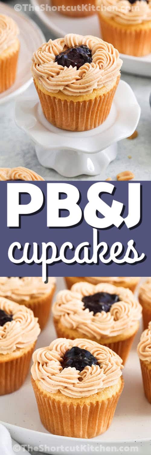 Peanut butter and jelly cupcakes take a classic sandwich flavor and turn it into a moist, delicious dessert you’ll love. The easy homemade cupcakes are topped with a creamy peanut butter frosting that’s piped into a little nest, ready to hold a spoonful of sweet grape jelly. Every bite is a perfect mix of smooth, sweet, and salty, for a fun comfort food. These cupcakes are perfect for sharing at parties or just enjoying as a special treat. #theshortcutkitchen one cupcake on a small plate, and peanut butter and jelly cupcakes on a plate under the title