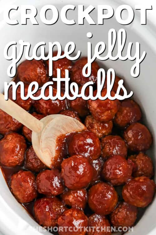 Crockpot grape jelly meatballs simplify meal prep by combining frozen meatballs with a two-ingredient sauce that tastes far more complex than it is. The slow-cooking process allows the glaze to seep into every bite, making them irresistibly tender and flavorful. Whether served as an appetizer or spooned over rice, they bring comfort and convenience together beautifully. #theshortcutkitchen juicy and tender Crockpot Grape Jelly Meatballs with a title