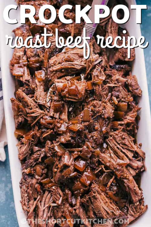This Crockpot roast beef recipe brings together tender chuck, warm spices, and a rich balsamic blend that flavors the meat as it cooks in your crockpot, making a dinner that feels comforting and special for any family meal. The mix of broth, garlic, onion, and a touch of honey gives the roast a deep flavor that works well for weeknights or holiday tables. Serve it over mashed potatoes for the best cozy plate that everyone enjoys. #theshortcutkitchen close up of Crockpot Roast Beef Recipe with writing