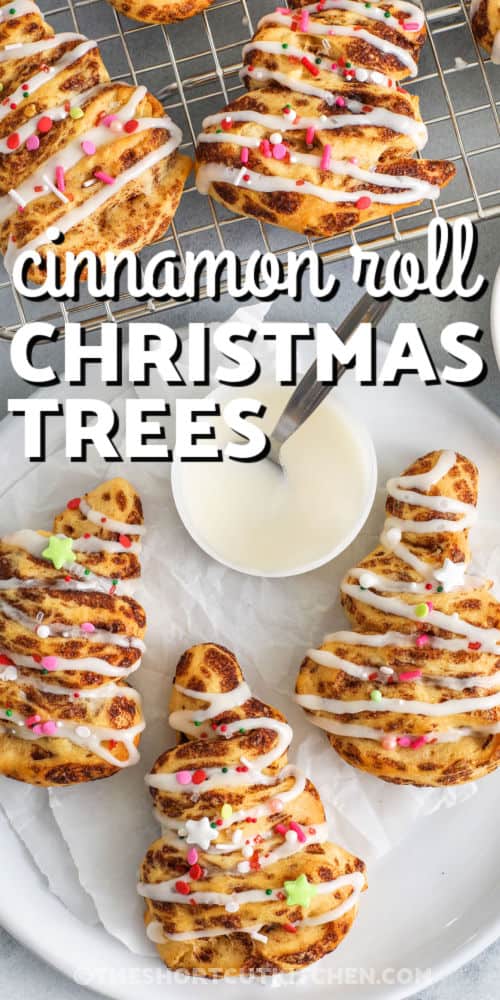 Cinnamon roll Christmas tree treats are a festive, fun twist on classic cinnamon rolls, perfect for holiday mornings. Soft, fluffy, and packed with sweet cinnamon flavor, they are easy to shape into cheerful tree forms and decorated with icing and colorful sprinkles. Ready in under 20 minutes, these playful pastries bring joy to breakfast, brunch, or holiday parties with minimal effort. #theshortcutkitchen plated Cinnamon Roll Christmas Tree with icing and a title
