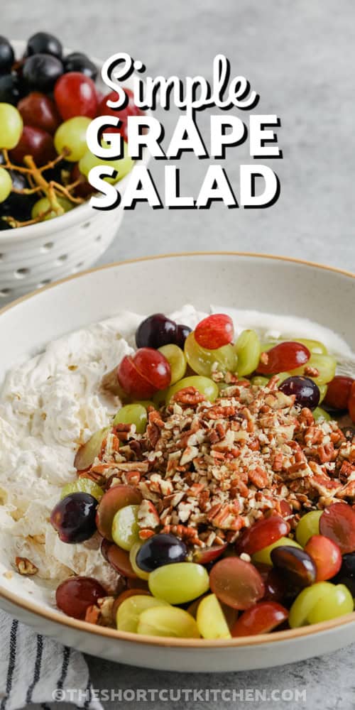 This recipe for grape salad starts with a fluffy blend of cream cheese, sour cream, vanilla, and brown sugar. Add in sweet, halved seedless grapes and let it chill to enhance the flavors. Finish with crunchy pecans and an optional sprinkle of brown sugar. It's creamy, nutty, and perfectly refreshing. This is an easy make-ahead dessert or side for any season. Quick, delicious, and always a crowd favorite! #theshortcutkitchen unmixed grape salad ingredients in a bowl with a title