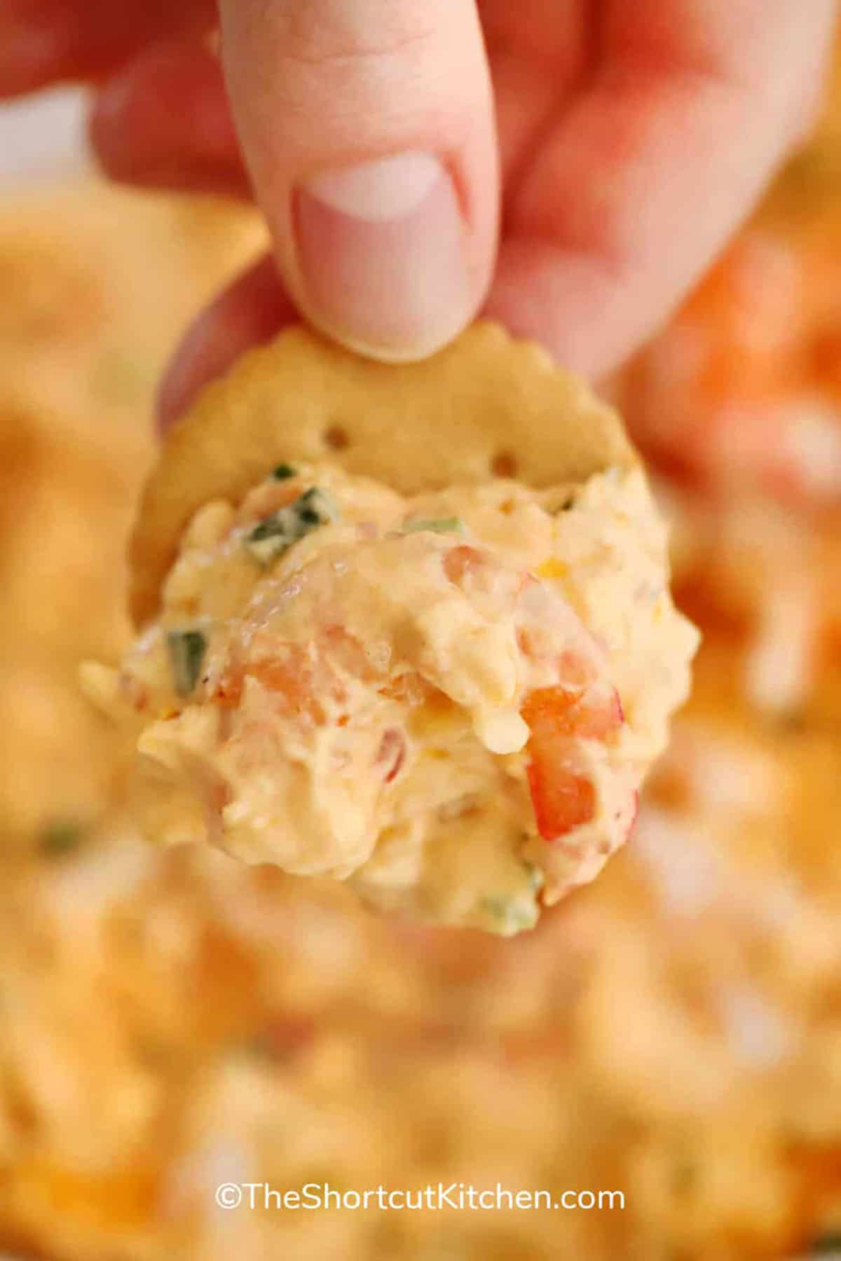 This warm shrimp dip combines tender shrimp with cream cheese, cheddar, and a touch of optional heat. It is a flavorful baked appetizer that is perfect for hosting. It stirs together so quickly and bakes into a rich, creamy dip that pairs well with crunchy vegetables or chips. The recipe can be made ahead and baked later, making it a convenient option for busy holiday and game day schedules. #theshortcutkitchen scooped shrimp dip in a cracker