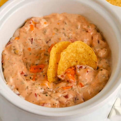 Cream Cheese Rotel Dip Recipe in the pot with chips