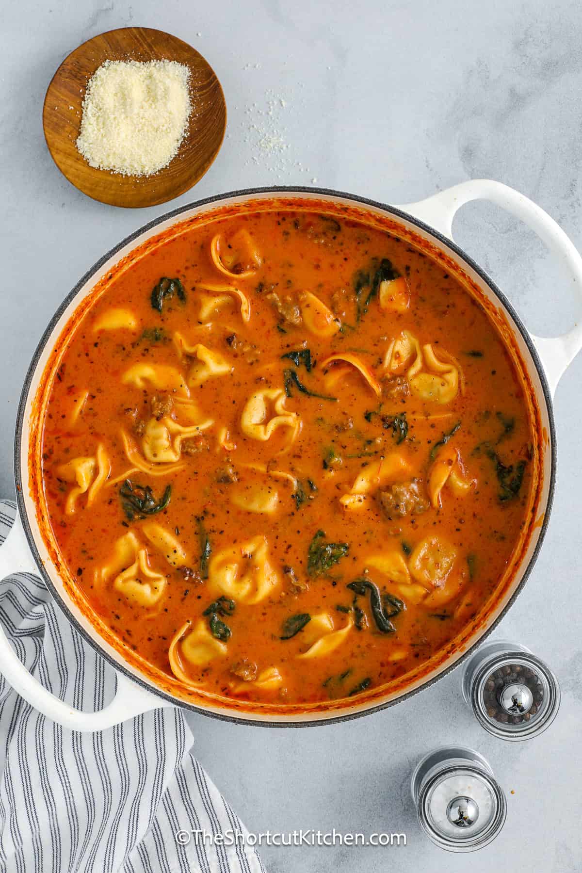 top view of creamy tortellini soup