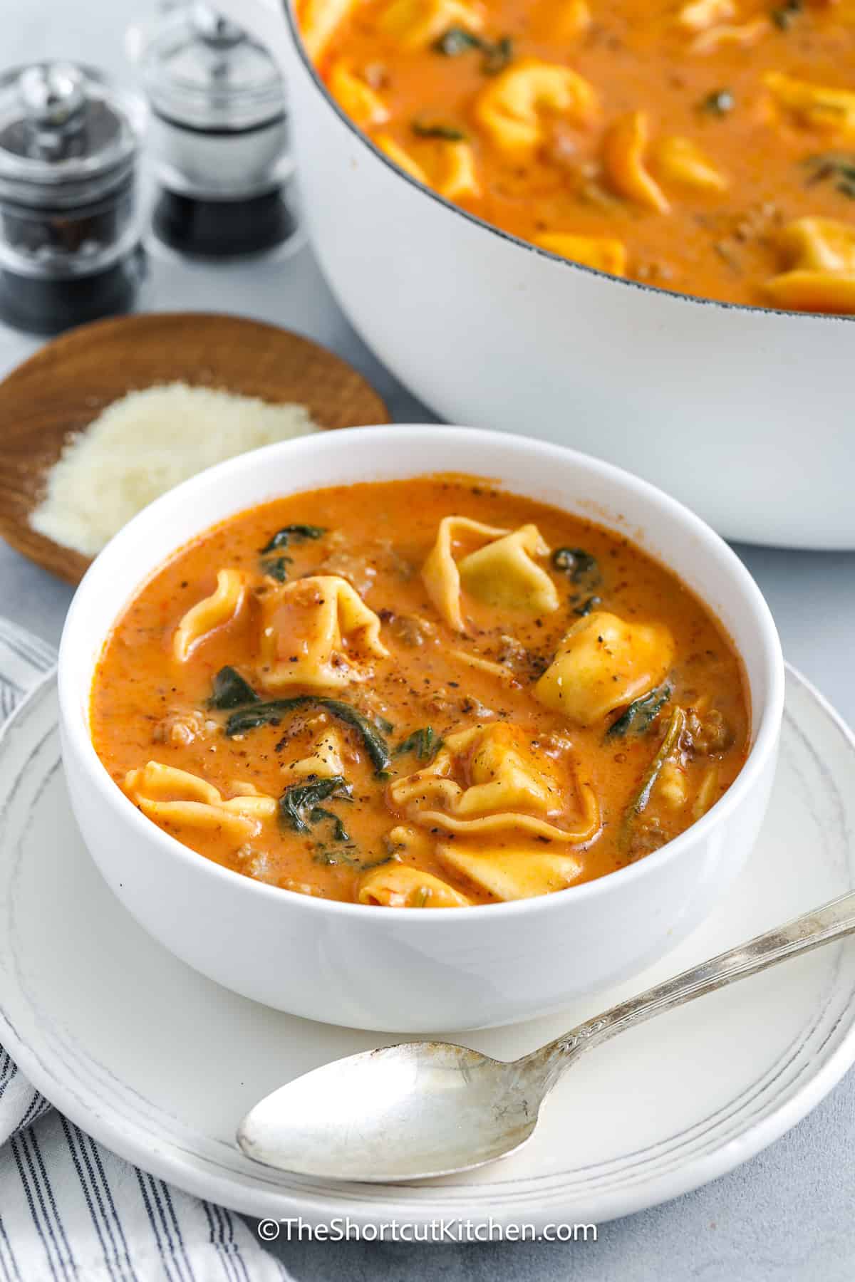 creamy tortellini soup in a bowl
