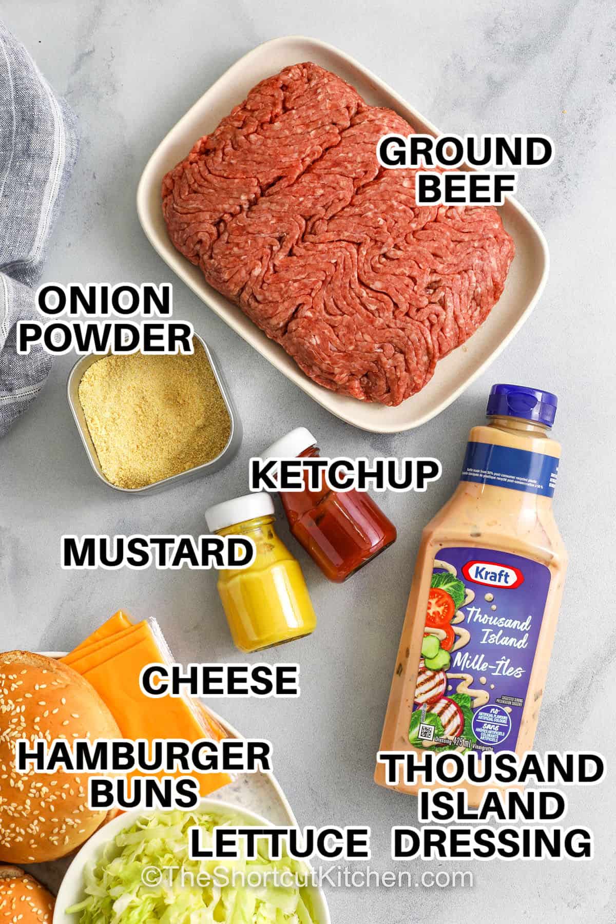 Craving a cheeseburger but want something easier. Big Mac Sloppy Joes are the answer. Ground beef cooks in one skillet, then gets tossed in a tangy Thousand Island sauce with ketchup and mustard. Pile onto buns and finish with pickles, American cheese, and shredded lettuce. These thousand island sloppy joes are quick, cozy, and packed with flavor. #theshortcutkitchen big mac sloppy joes labelled ingredients