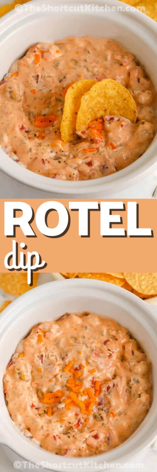 Cream cheese Rotel dip is the easiest crockpot dip for parties and game day. Start with browned sausage or ground beef, then melt with cream cheese and Rotel until smooth and creamy. Customize with cheddar to thicken, jalapeños for heat, bacon for smoky flavor, and cilantro for freshness. Keep it warm for serving and set out sturdy chips for scooping. #theshortcutkitchen Cream Cheese Rotel Dip Recipe in the pot and close up photo with a title