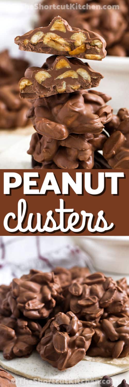Easy Crockpot peanut clusters are perfect for Christmas candy trays. The slow cooker melts semisweet chocolate and almond bark into a creamy mixture that coats roasted peanuts with sweet-salty flavor. These clusters require almost no effort, make a big batch, and freeze well for holiday prep. #theshortcutkitchen Crockpot Peanut Clusters on a plate and in a stack with a title
