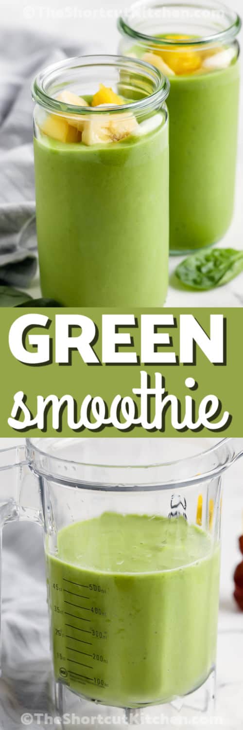 Try this easy Green Smoothie Recipe using baby spinach, frozen pineapple, banana, and yogurt. This is a nutrious, vibrant smoothie ideal for busy mornings or post-workout refueling. Kids will love this creamy smoothie because it has the best tropical sweet flavor, and they won’t even taste the greens. #theshortcutkitchen Green Smoothie Recipe in a blender and top photo in glasses with a title