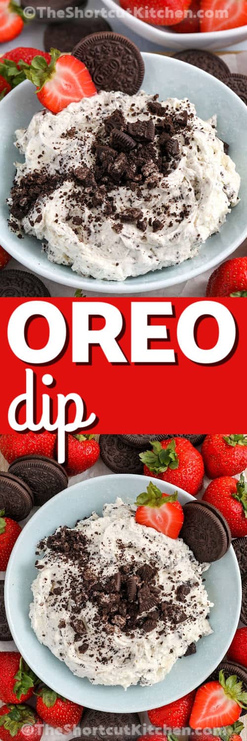 This Oreo dip recipe is a sweet and fluffy cookies and cream dip. It’s made with cream cheese, whipped topping, powdered sugar, and plenty of crushed Oreo cookies. It’s an easy no bake dessert that comes together in minutes. It is the perfect Oreo dessert dip for parties, holidays, or last-minute snacks. Serve this creamy Oreo Dip with fruit, pretzels, vanilla wafers, or even more Oreos. #theshortcutkitchen creamy Oreo Dip in a bowl and close up photo with a title