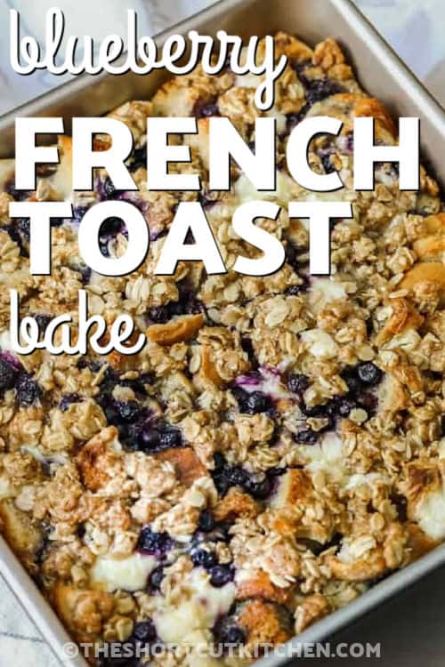 Blueberry French toast bake offers a delightful combination of sweet custard with cream cheese and bright blueberries that transform into a moist and fluffy casserole as it is baked to perfection. Its overnight convenience helps make morning prep simple while providing a friendly option for family brunches. The comforting flavor suits holiday gatherings, weekend treats, or any moment needing a warm, inviting dish. #theshortcutkitchen casserole dish of delicious Blueberry French Toast Bake with a title