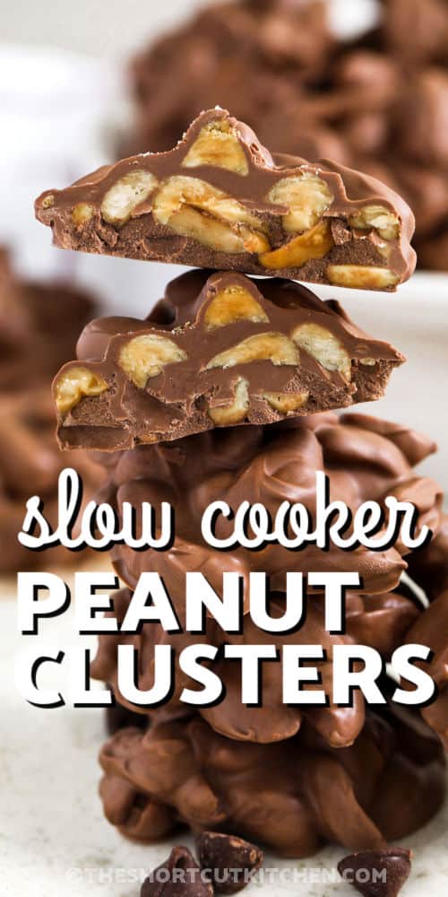 stack of Crockpot Peanut Clusters with writing