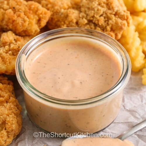 Cane Sauce in a dish and on a spoon with fries and chicken tenders