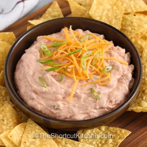 plated Cream Cheese Salsa Dip with tortilla chips