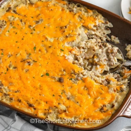 casserole dish full of Hamburger Rice Casserole