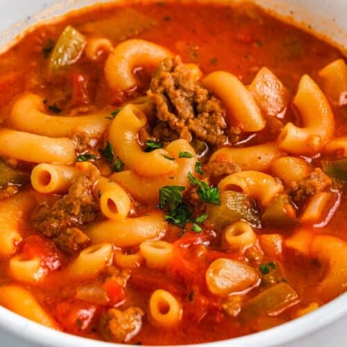 A serving of Hamburger Macaroni Soup in a bowl