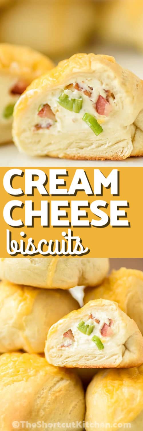 Bacon cream cheese biscuits are stuffed biscuits that disappear fast. Cream cheese, bacon, parmesan, green onion, and garlic powder create a creamy filling, while shredded cheddar melts on top during baking. Perfect for holiday mornings, potlucks, and game day. Store leftovers in the fridge and warm back up in the air fryer for the best flaky texture and melty center. #theshortkitchen Bacon Cream Cheese Biscuits in a stack and top photo close up with a title