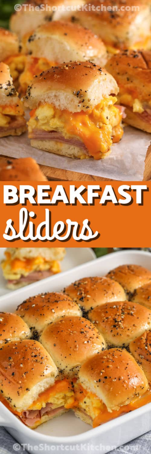 One pan breakfast sliders with Hawaiian rolls are perfect for meal prep. Assemble with scrambled eggs, ham, and melty Swiss or American cheese, then bake until warmed through. Finish with a buttery everything bagel seasoning glaze for flavor-packed tops. Slice into 12 sliders for grab-and-go breakfasts that reheat beautifully in the oven or air fryer. #theshortcutkitchen Breakfast Sliders in the dish and plated with a title