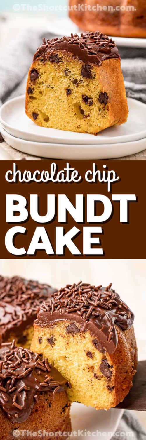Chocolate chip bundt cake is the kind of dessert everyone asks for again and again. It starts with a simple cake mix but turns into something rich and bakery-worthy with sour cream, extra vanilla, and plenty of chocolate chips in every slice. The crumb stays moist and tender while the outside bakes up golden in the pan. Serve it plain, dusted with sugar, or topped with frosting for holidays, potlucks, and family gatherings. #theshortcutkitchen slice of Chocolate Chip Bundt Cake on a plate and close up photo of cake with a title