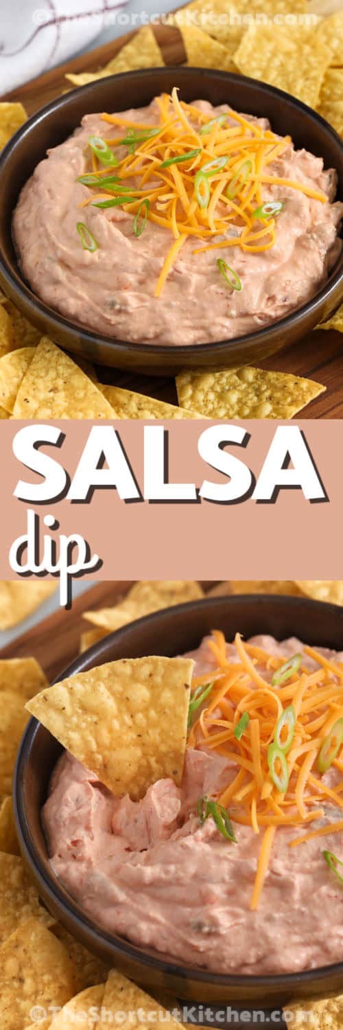 Cream Cheese Salsa Dip is a quick appetizer that comes together with almost no prep. Softened cream cheese blends easily with your favorite salsa to make a thick, creamy dip that chills into a creamy scoopable snack. Use a chunky salsa for the best results. Top with shredded cheddar cheese and green onions, and add diced jalapeños for an extra kick of heat. Serve cold with tortilla chips, crackers, or fresh veggies for easy snacking. #theshortcutkitchen Cream Cheese Salsa Dip in a bowl and close up photo with a title