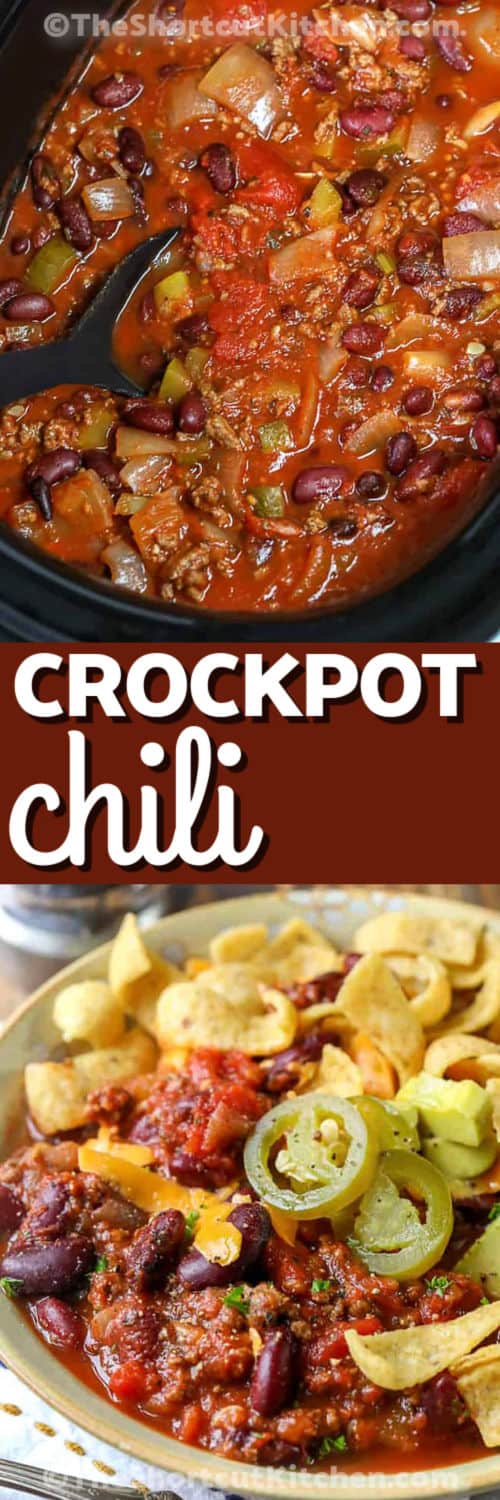 Easy crockpot chili is the cozy, no-stress dinner you can start and forget. Brown lean ground beef with onion, then add crushed tomatoes, diced tomatoes with chilies, kidney beans, chili powder, and garlic powder to the slow cooker. Cook until thick and hearty, then load up toppings. This easy slow cooker chili is perfect for weeknights, game day, and freezer meals. #theshortcutkitchen Easy Crockpot Chili in the pot and plated with a title