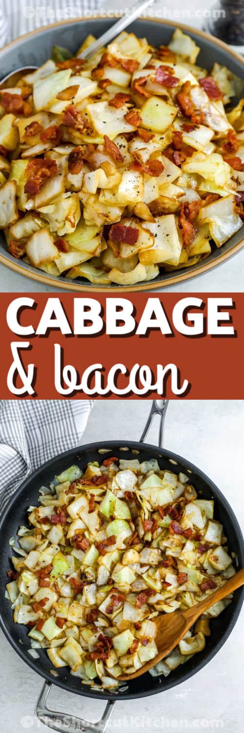 Fried cabbage with bacon is comfort food made easy. Bacon drippings give sautéed cabbage deep, smoky flavor, while onion adds sweetness as it softens. Add garlic powder, cook until tender, then finish with apple cider vinegar, salt, and pepper. This fried cabbage and bacon recipe is quick, cozy, and budget-friendly. #theshortcutkitchen Fried Cabbage with Bacon in the pan and in the bowl with a title