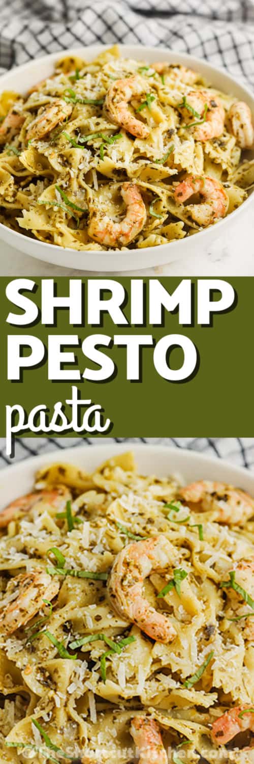 Need a quick shrimp pesto pasta that feels restaurant quality? This Shrimp Pesto Pasta uses cooked shrimp and jarred pesto to keep it easy but classy. Sauté the onion, warm up the shrimp, then toss with pasta, pesto sauce, and lemon zest. Add splashes of pasta water for a smooth sauce that thickens well. Finish it off with Parmesan and basil for a fresh, herby pesto shrimp pasta win! #theshortcutkitchen Shrimp Pesto Pasta in a bowl and close up photo with a title