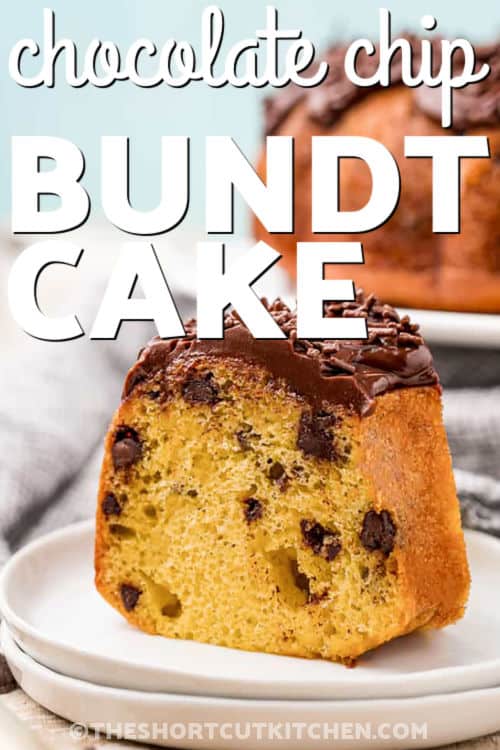 Chocolate chip bundt cake turns everyday pantry staples into a dessert that looks bakery special. The batter comes together quickly and bakes into a rich, fluffy cake packed with chocolate chips from edge to center. Each slice is full of flavor with just the right balance of sweetness and vanilla. Dress it up with powdered sugar or drizzle with glaze for an easy dessert that always impresses guests. #theshortcutkitchen Chocolate Chip Bundt Cake with chocolate icing and a title