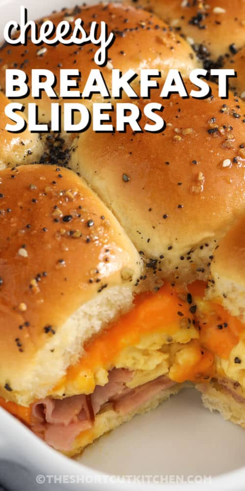 close up of cheesy Breakfast Sliders with a title