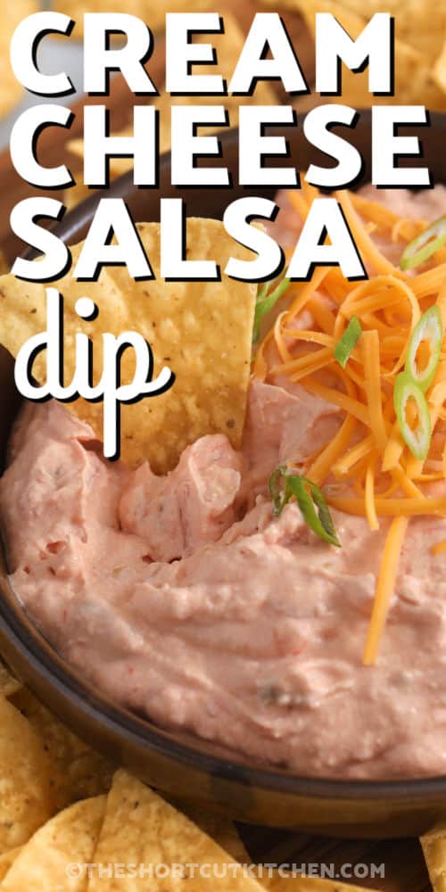 bowl of Cream Cheese Salsa Dip with a tortilla chip in it