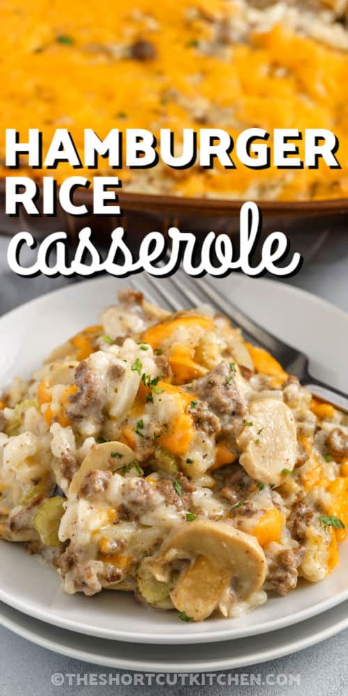 cheesy Hamburger Rice Casserole on a plate with dish full in the back with a title