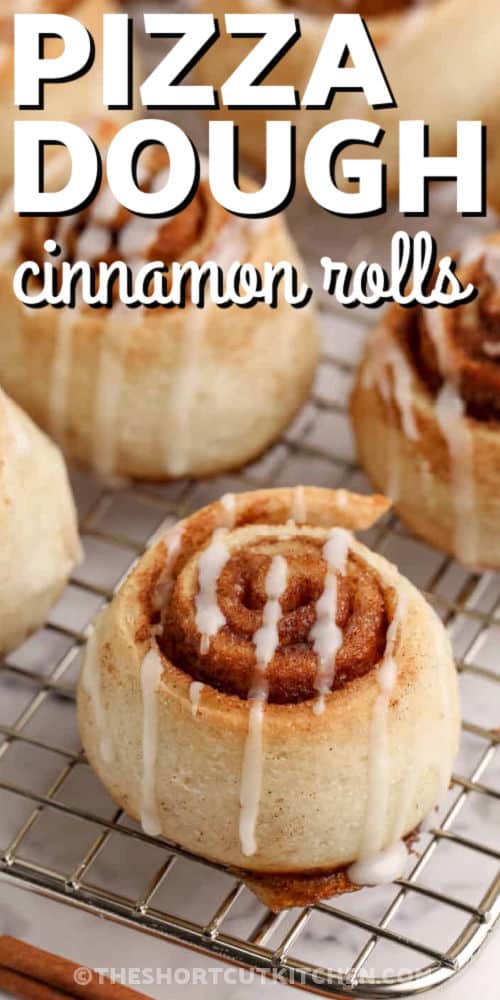 These Pizza Dough Cinnamon Rolls use refrigerated dough, butter, cinnamon, and brown sugar for a delicious swirl with caramel edges. Bake in a 9×9 pan for soft sides, then drizzle a simple powdered sugar glaze. Sweet caramelized edges and a buttery cinnamon center make these rolls a favorite. Great for brunch, holidays, or an easy dessert. #theshortcutkitchen tasty Pizza Dough Cinnamon Rolls with icing and a title