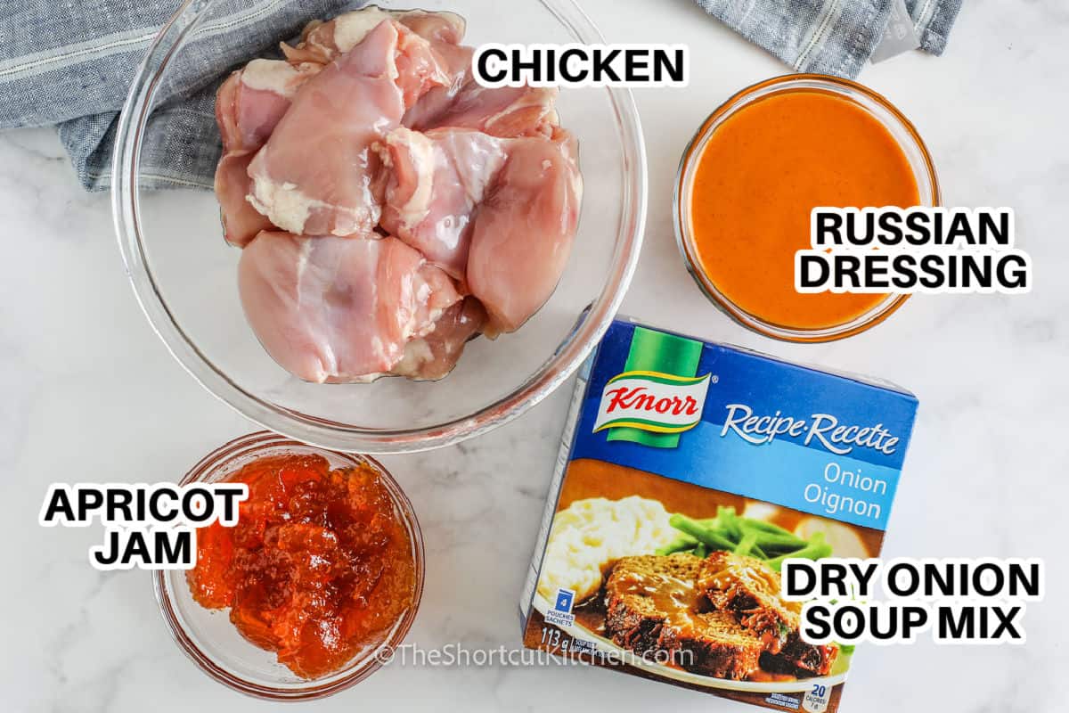 Save this apricot chicken recipe for busy nights. With apricot jam, dressing, and onion soup mix, you get a glossy baked apricot chicken sauce without chopping or browning. Choose thighs for extra juiciness or breasts for a leaner option. Serve over rice and drizzle with extra sauce. Add pineapple, peppers, or soy sauce for a fun twist. #theshortcutkitchen chicken , russian dressing , apricot jam , dry onion soup mix with labels to make Apricot Chicken Recipe